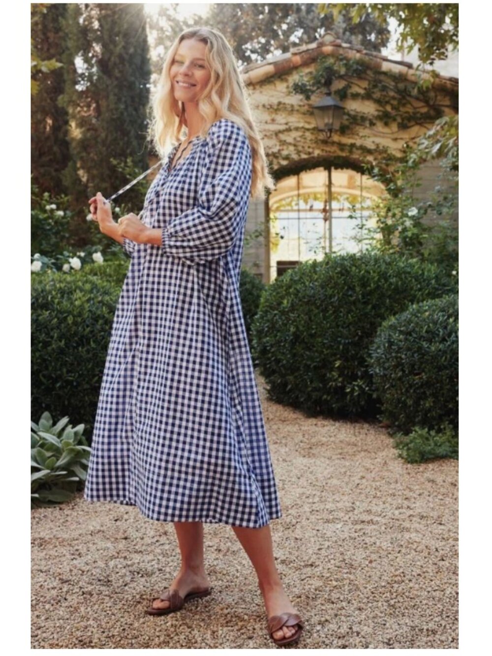 LAKE HAMMOCK MIDI DRESS NAVY BLUE GINGHAM DRESS SZ M smocked neck cotton